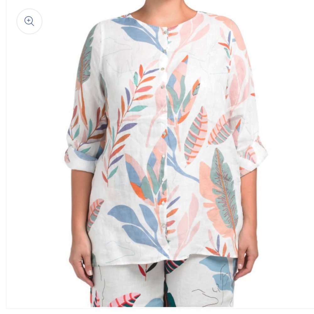 Cynthia Rowley Plus Floral Tropical Print Linen Button Down Tunic Top Size 2X